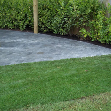 Landscaping Limavady - riverstone paving with pergola paved path shed base.