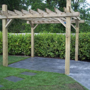 Landscaping Limavady - riverstone paving with pergola paved path shed base.