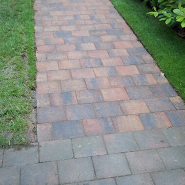 Landscaping Limavady - riverstone paving with pergola paved path shed base.